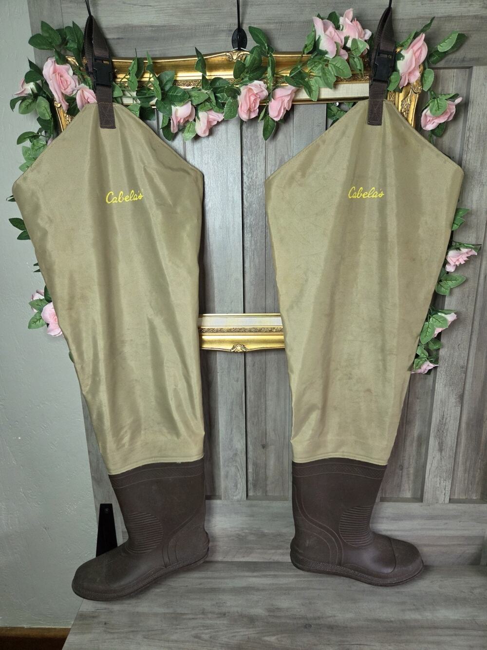 Cabela’s Hip Waders Rubber Boots Tan/Brown Adjustable SuspendersFishing Size 12.